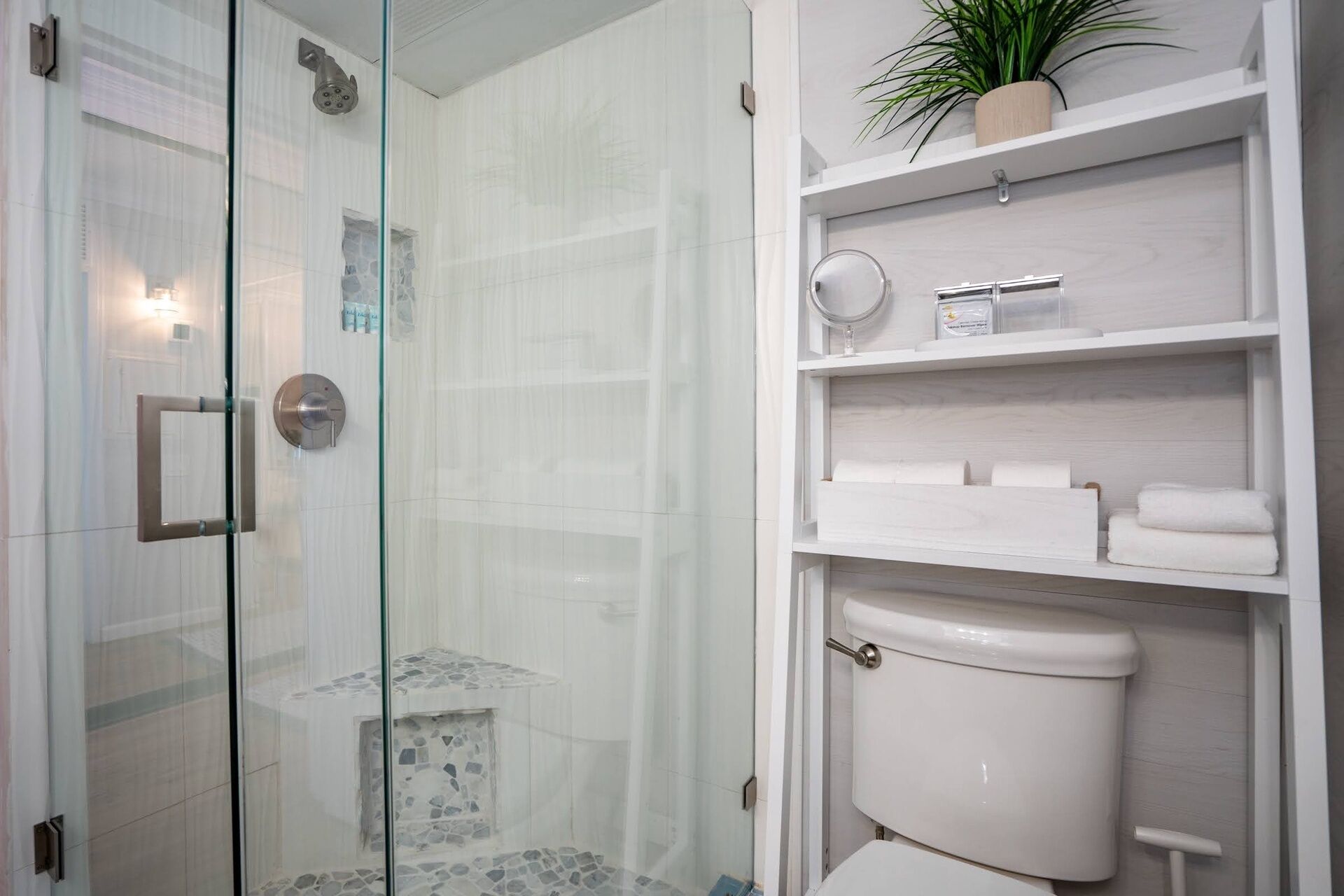 Un baño moderno con ducha de mampara de vidrio, inodoro blanco y estante con artículos de aseo.