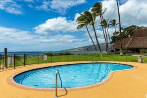 Une piscine à bordures courbes, entourée d’une clôture, de palmiers et offrant une vue sur l’océan.