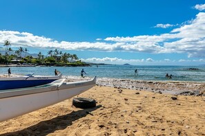 Ein Strand mit einem Boot namens "HOLOMUA" und "Wallea Elia" im Sand, Personen im Wasser und Palmen im Hintergrund.