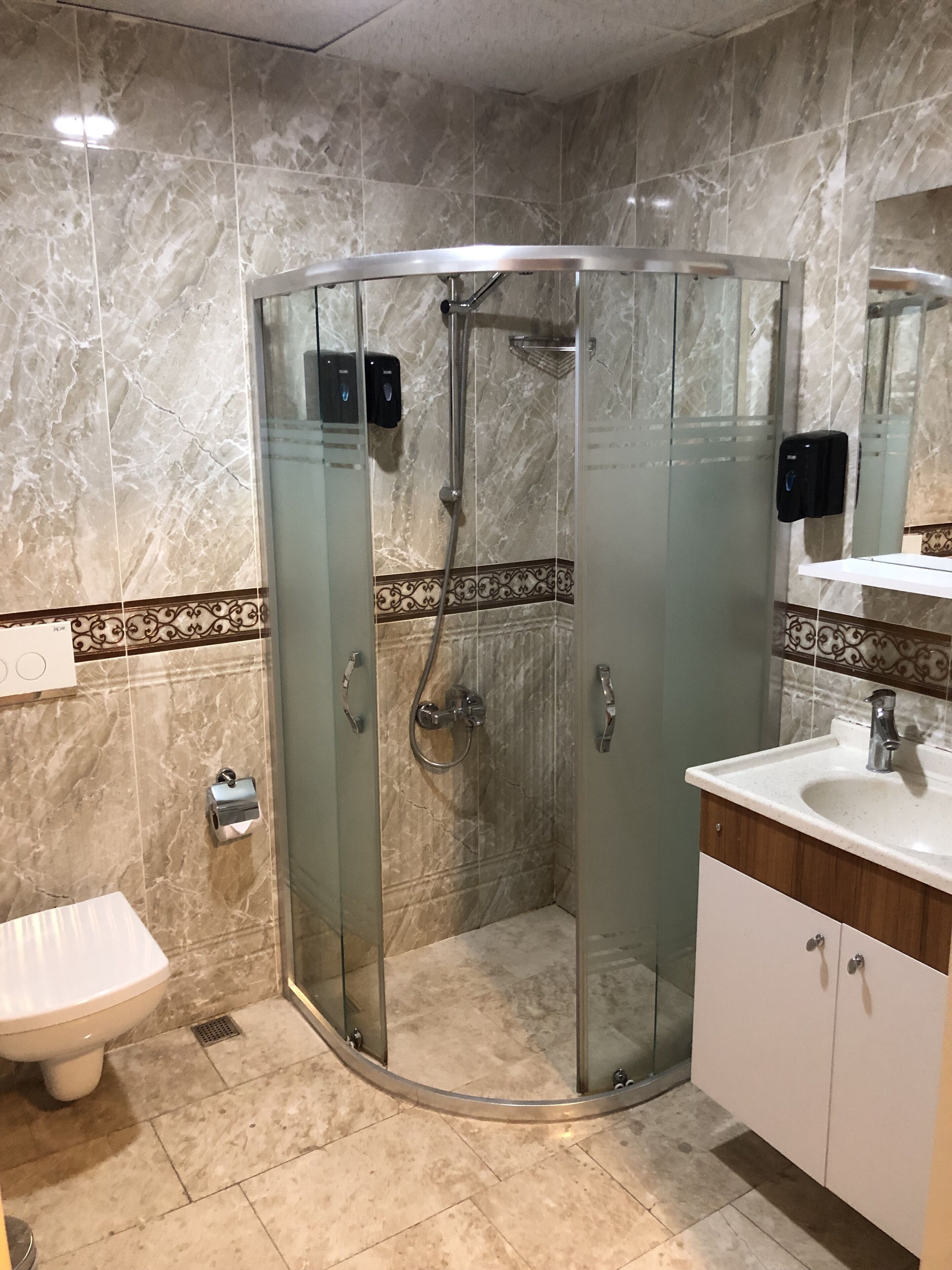 A modern bathroom with a glass-enclosed shower, a white sink, and a toilet.