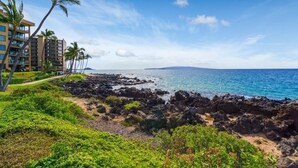 A coastal hotel with a rocky shoreline, palm trees, and a clear view of the ocean. - Kihei Surfside, #111 1 Bedroom Condo by RedAwning (Kihei)