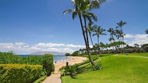 A pathway leading to a beach with palm trees and a clear sky. - Wailea Elua, #0908 2 Bedroom Condo by RedAwning (Kihei)