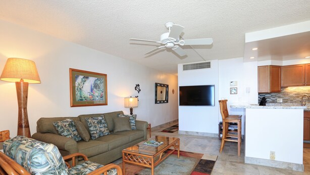 Uma sala de estar com sofá, cadeiras, mesa de centro, televisão e ventilador de teto.