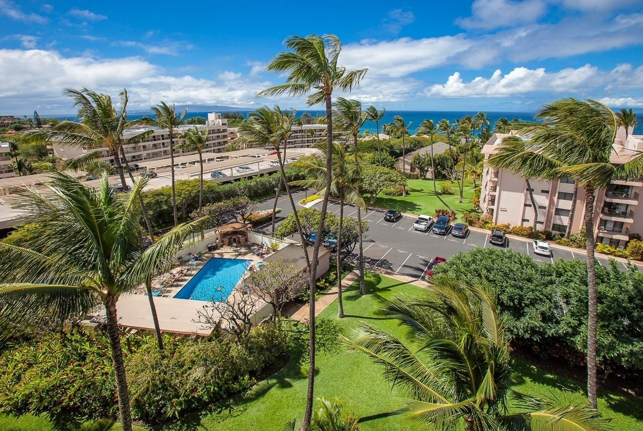 A resort with a swimming pool, palm trees, and a view of the ocean.