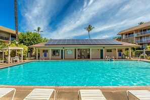 A swimming pool with lounge chairs, a building with a solar panel roof, and palm trees.