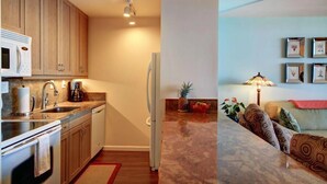 A modern kitchen with wooden cabinets, a microwave, and a refrigerator. - Sugar Beach Resort, #329 1 Bedroom Condo by RedAwning (Kihei)