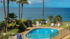 Una piscina con vista al océano, rodeada de palmeras y un área cercada con sillones de descanso.