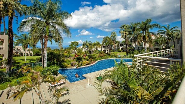 A resort with a swimming pool surrounded by palm trees and a view of the ocean. - Palms at Wailea One Bedrooms by Coldwell Banker Island Vacations (Kihei)
