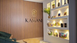 A hotel reception area with a wooden wall, a reception desk, and a wall-mounted art display.