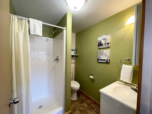 Douche, sèche-cheveux, serviettes fournies, shampoing