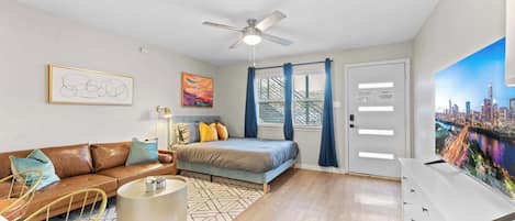 1 bedroom, memory-foam beds, desk, iron/ironing board