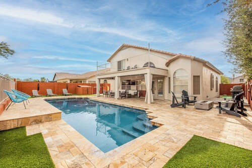 Open desert view home retreat by lakes, golf, trails, and optional heated pool