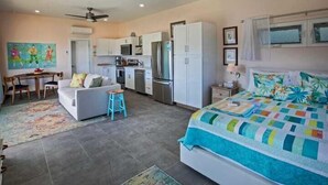 A compact living space with a kitchenette, a sofa, a bed, and a dining area.
