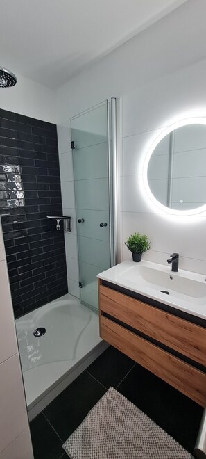Dusche, Haartrockner, Seife, Toilettenpapier