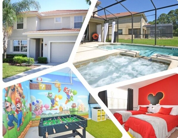 A house with a swimming pool, a hot tub, and a room with a Mario-themed mural. - Casa Palmero 5 Bedroom Home by RedAwning (Kissimmee)