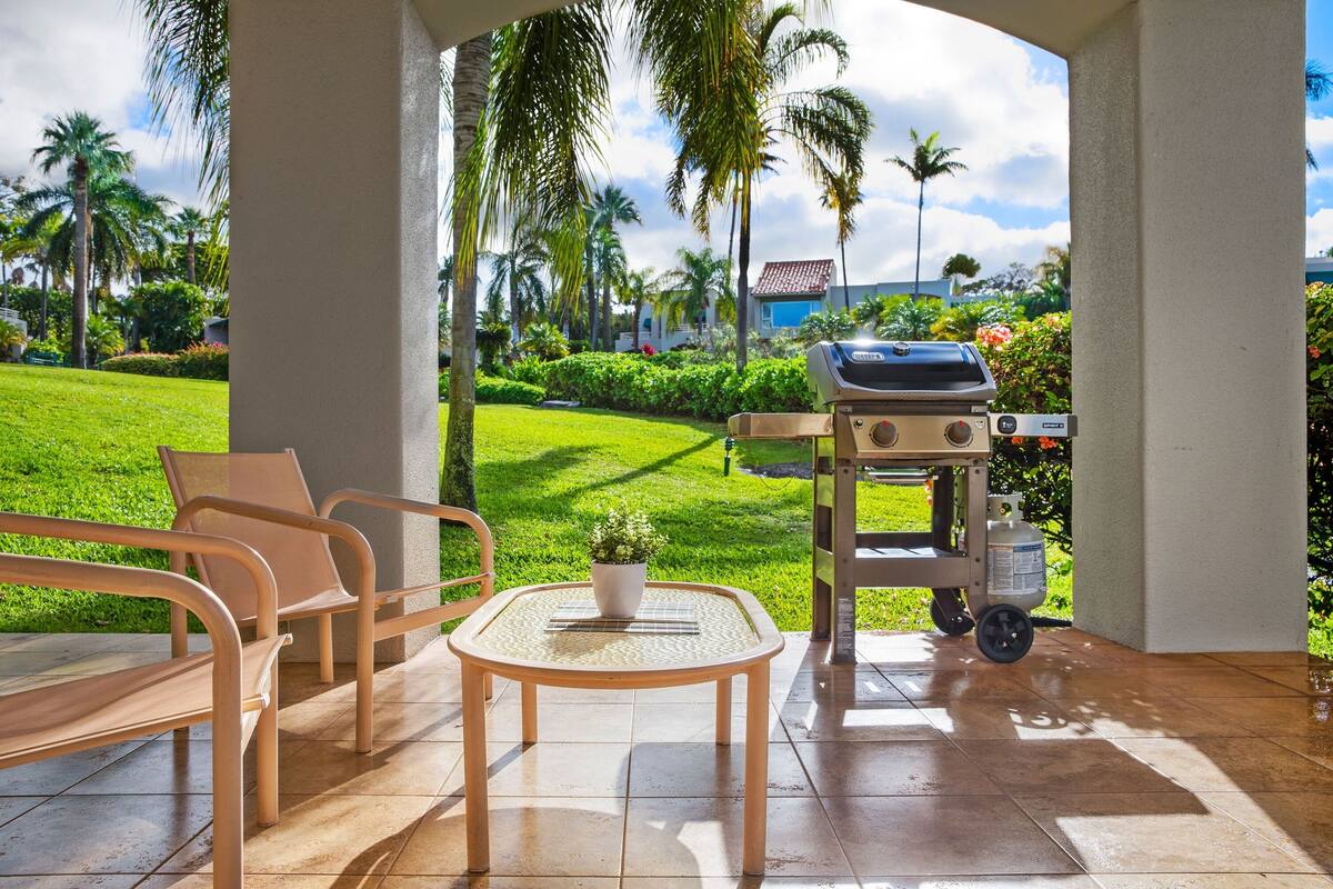A covered outdoor seating area with a grill, chairs, and a small table with a plant.