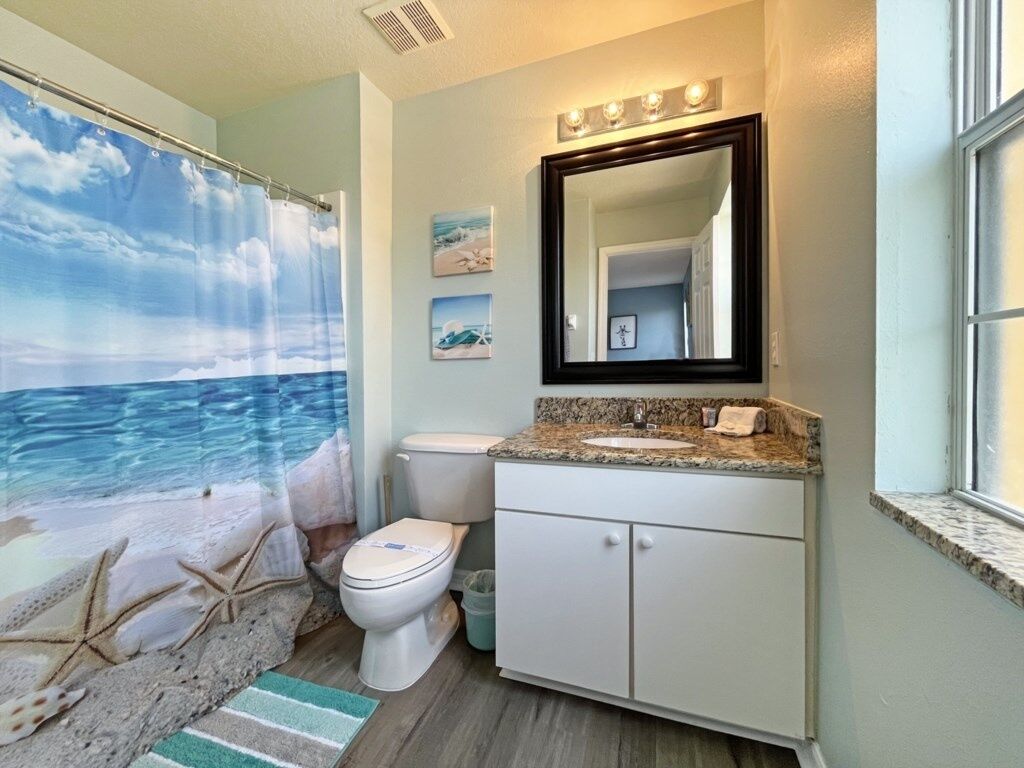 A bathroom with a beach-themed shower curtain, a white toilet, a granite countertop sink, and a large mirror above the sink.