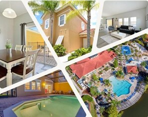 Un hotel con piscina, zona de estar al aire libre y comedor.