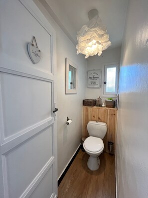 A narrow hallway with a white door, a toilet, and a wooden vanity.