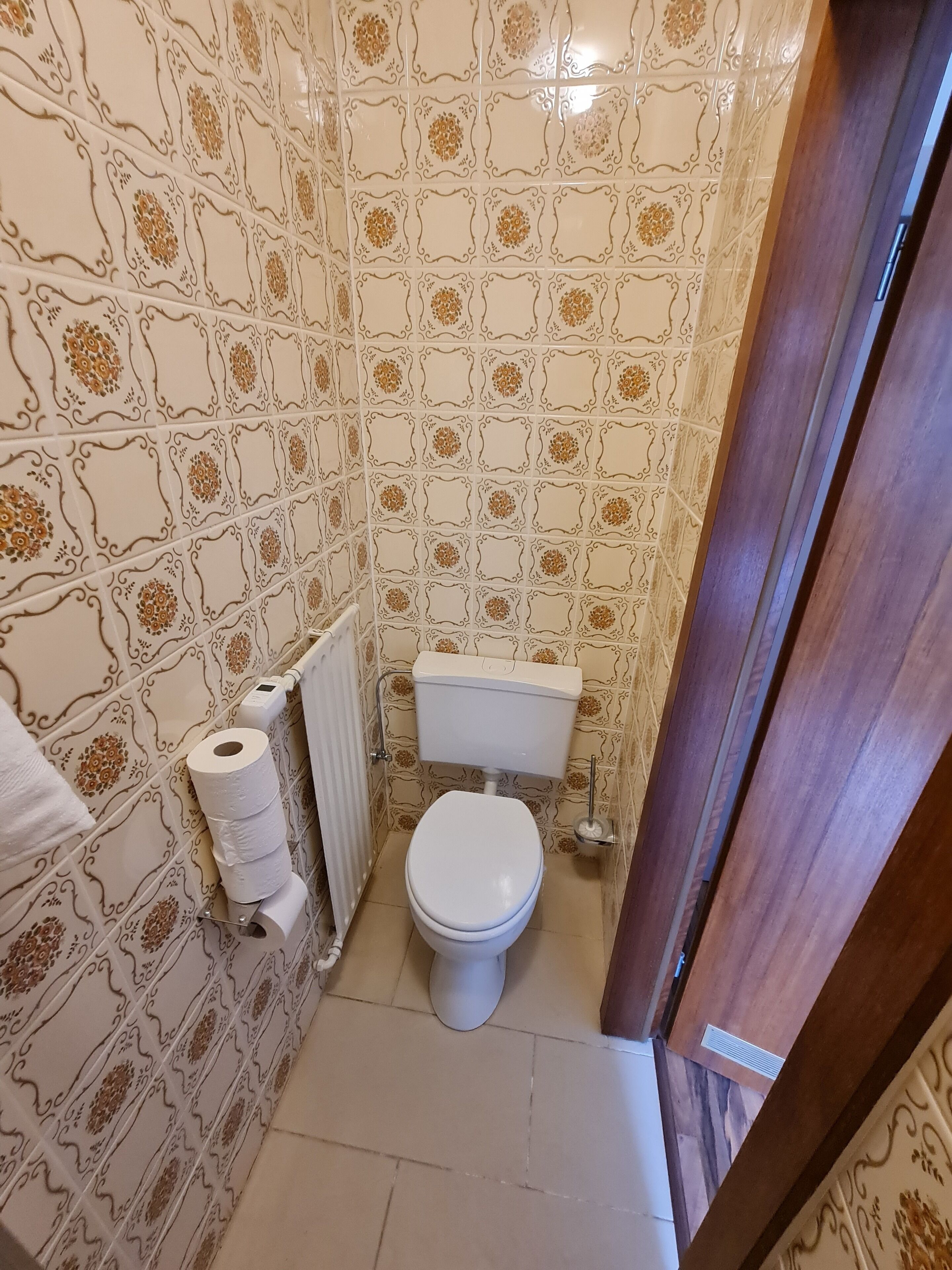 Ein kleines Badezimmer mit gemusterten Fliesen, einer Toilette, einem Toilettenpapierhalter und einem Heizkörper.