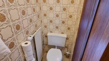Ein kleines Badezimmer mit gemusterten Fliesen, einer Toilette, einem Toilettenpapierhalter und einem Heizkörper.