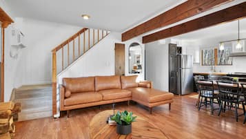 Smart TV, fireplace, books, computer monitors