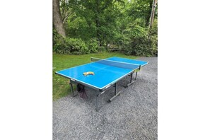 Enjoy a game of ping pong in a serene outdoor setting surrounded by lush greenery.
