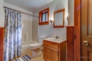 Bathroom features a shower curtain, toilet, sink, and mirror.