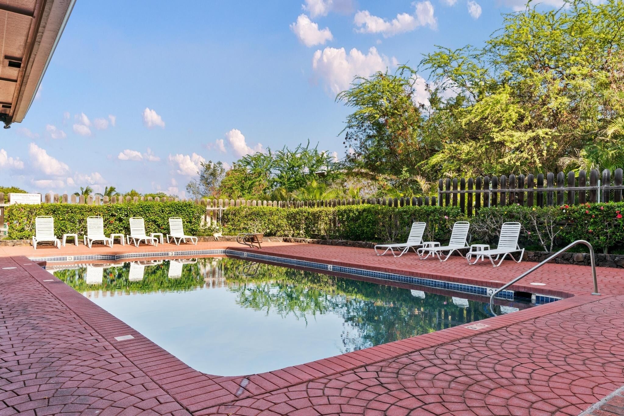 Una piscina rectangular con borde de azulejos, rodeada por un patio de ladrillo. Hay sillas reclinables blancas alineadas a lo largo del borde de la piscina.