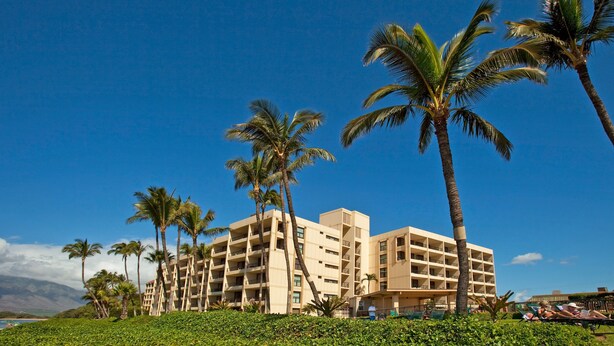 A multi-story hotel with balconies, surrounded by palm trees and a clear blue sky. - Sugar Beach Resort, #524^ 1 Bedroom Condo by RedAwning (Kihei)