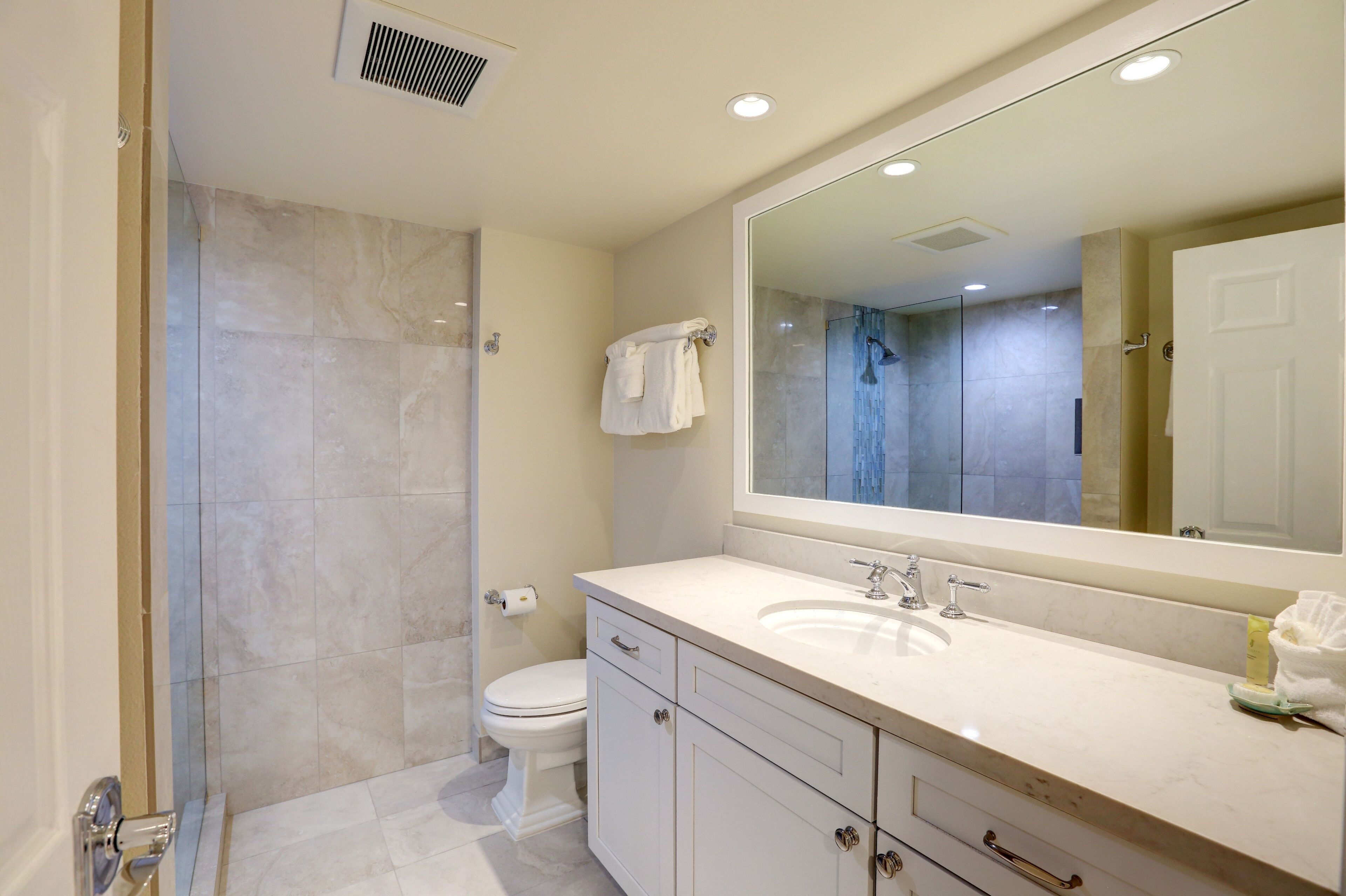 A modern bathroom with a walk-in shower, a toilet, and a sink with a large mirror.