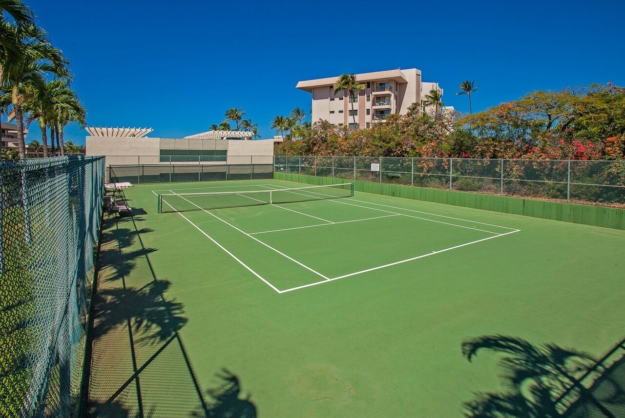 Een tennisbaan buiten met een net, omgeven door een groene hekken, palmbomen en een gebouw op de achtergrond.