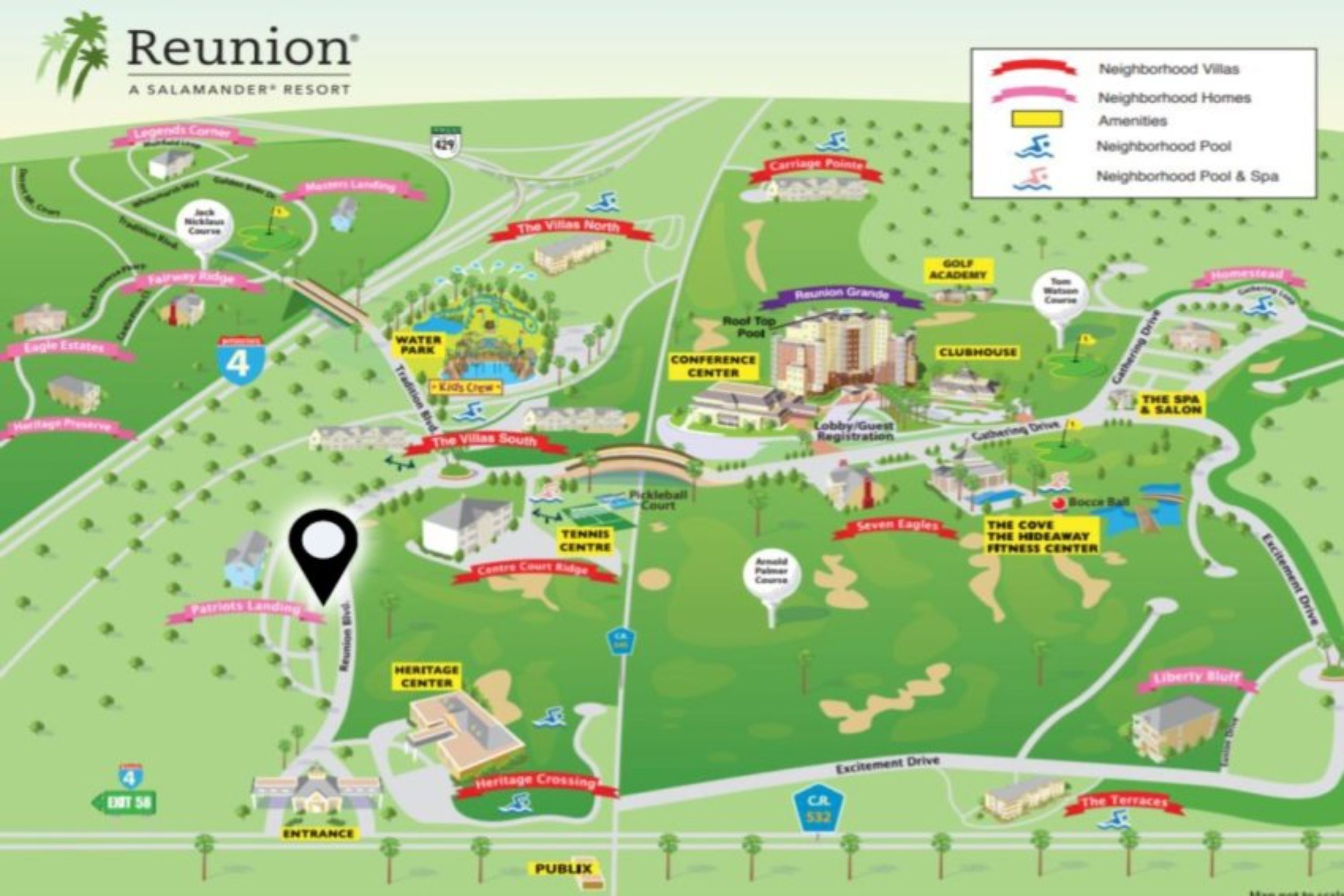 Une carte de l’île de la Réunion, où se trouve le complexe hôtelier Salamaner, indiquant les principaux équipements, tels que le centre de conférences, le club-house et le centre de tennis.