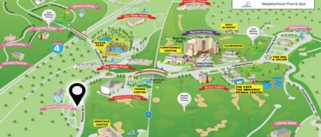 A map of Reunion, a Salamaner resort, highlighting amenities like the Conference Center, Clubhouse, and Tennis Centre.