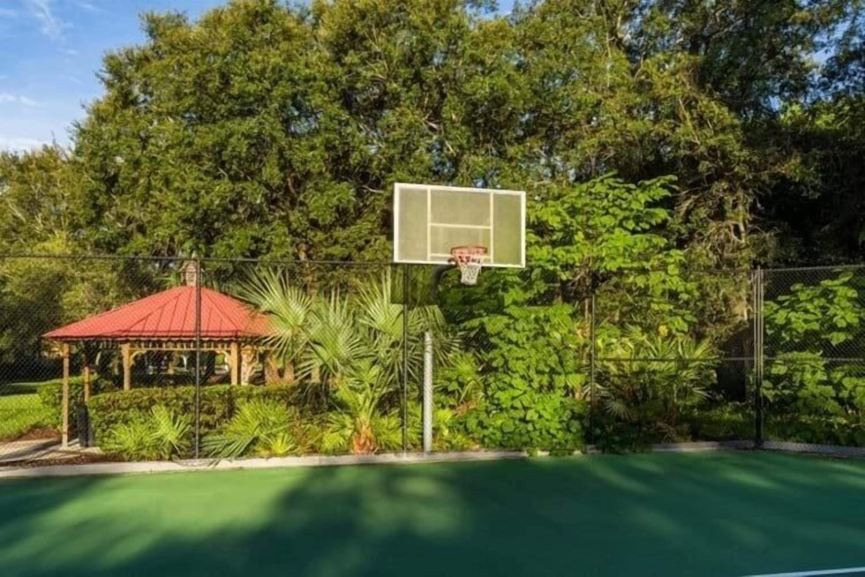 Un campo da basket con canestro, circondato da vegetazione fitta e un gazebo con tetto rosso.