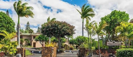 A gated entrance with a stone wall, palm trees, and a sign indicating a location.