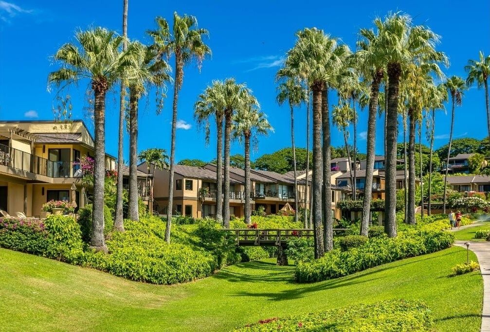 Un resort con edificios de varios pisos, palmeras y céspedes bien cuidados.