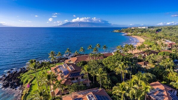 A coastal resort with multiple buildings, palm trees, and a view of the ocean and a mountain in the distance.