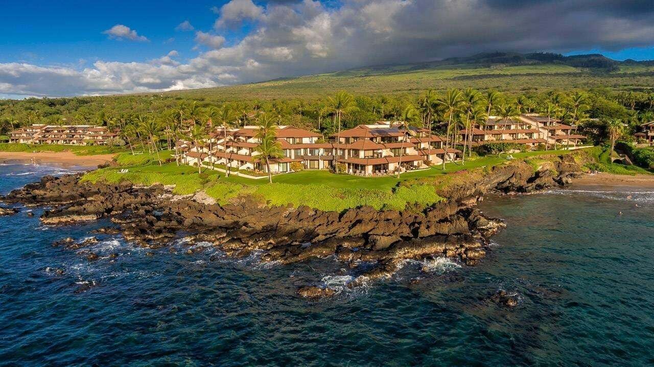 A coastal resort with multiple buildings, a rocky shoreline, and palm trees.
