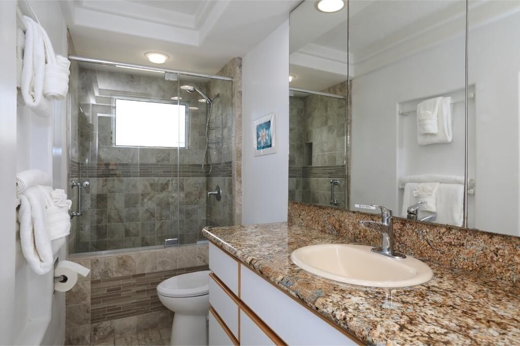 Un baño moderno con ducha envuelta en vidrio, un lavamanos con encimera de granito y un espejo grande.
