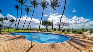 A swimming pool with a brick deck, surrounded by palm trees and a clear sky.
