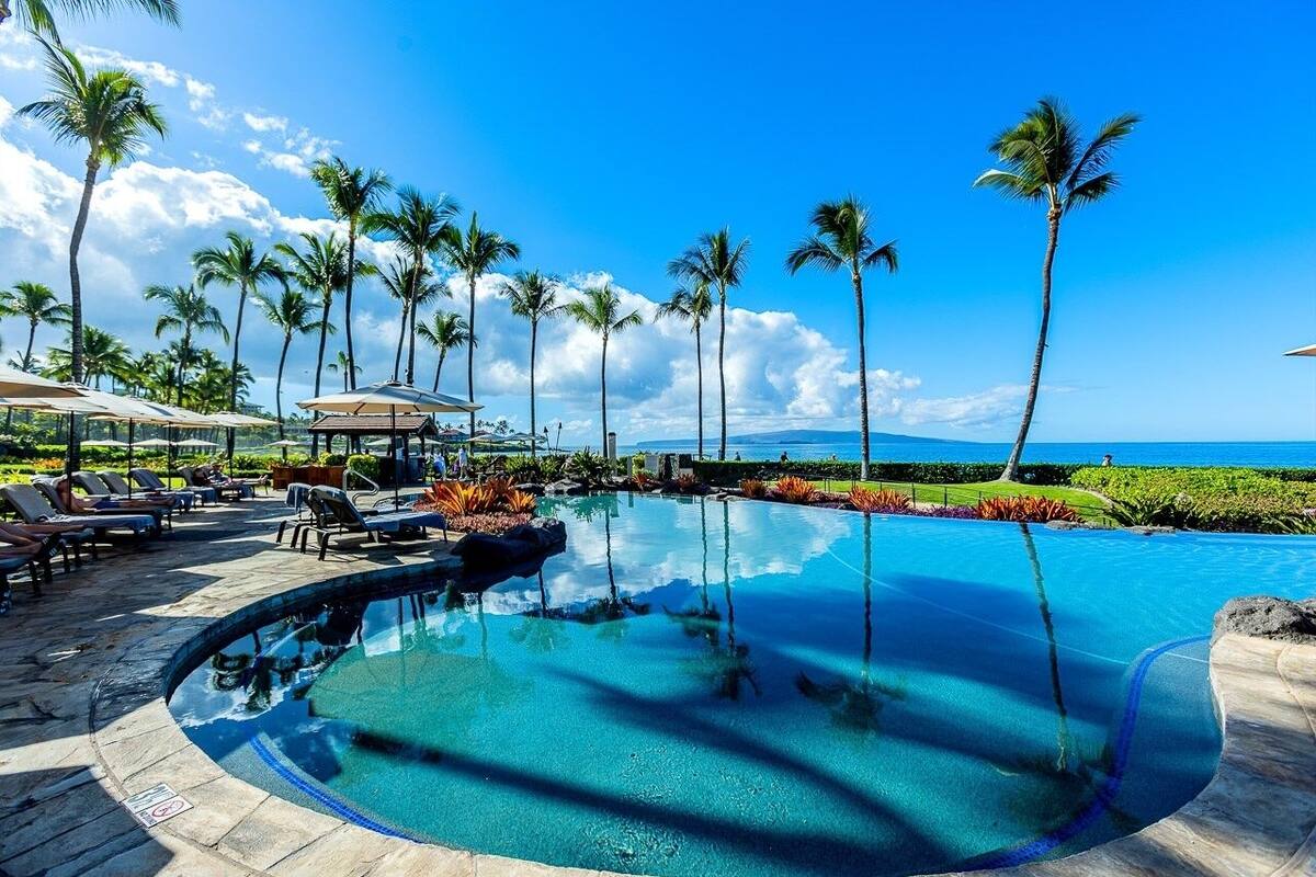 A swimming pool with lounge chairs and palm trees, surrounded by a landscaped garden and a view of the ocean.