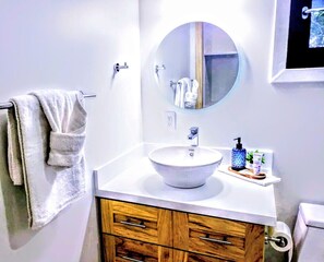 Hair dryer, bidet, towels, toilet paper