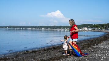 A beach scene with a woman and a child near the water, a rainbow kite, and a calm sea with buildings in the background.