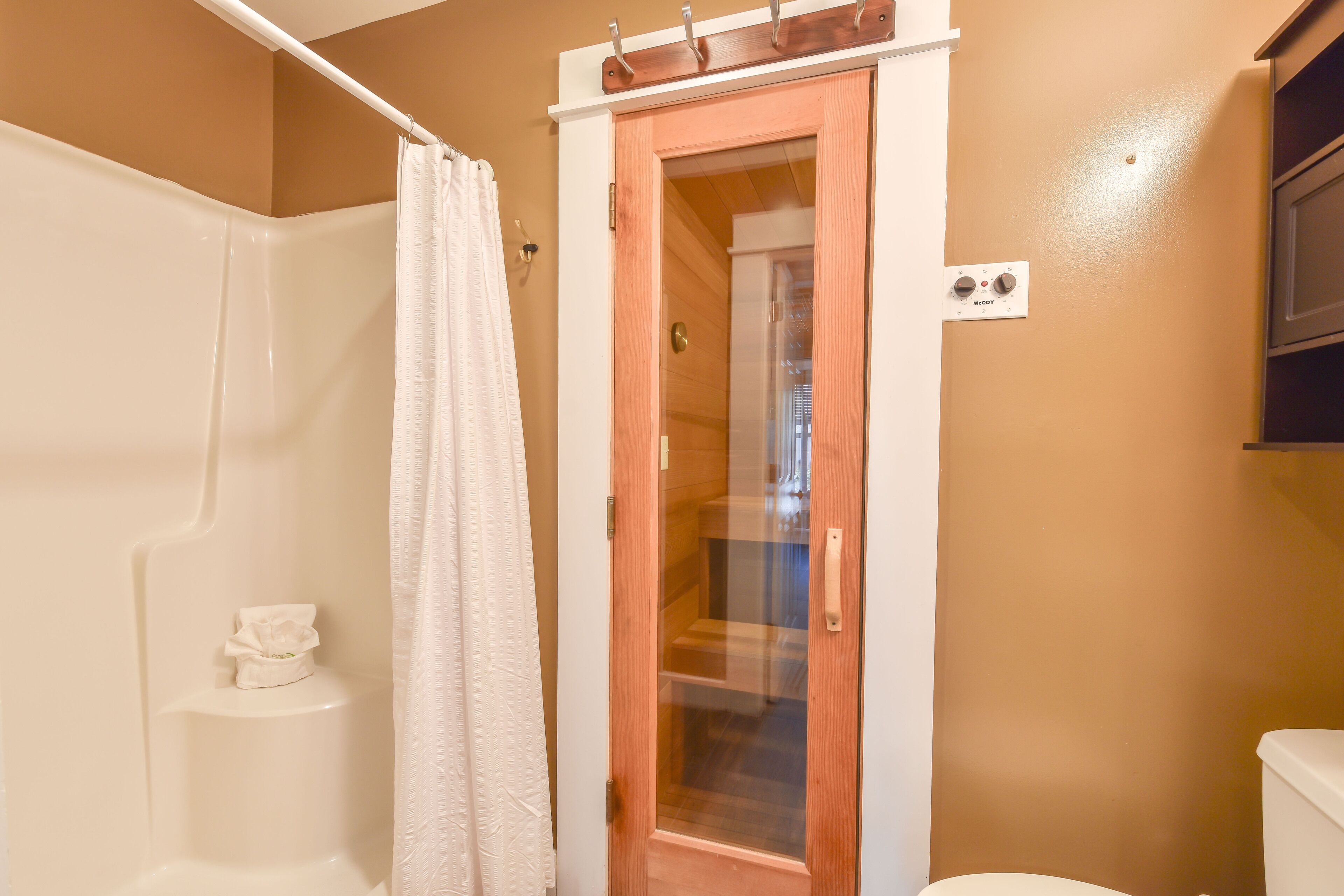 A bathroom with a shower, a toilet, and a wooden door with a glass panel.