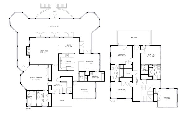 A floor plan of a hotel with a screened porch, a balcony, and multiple bedrooms. - Haven by AvantStay | Luxury Beachfront Home w/ Pool & Gorgeous Patios (Sullivans Island)