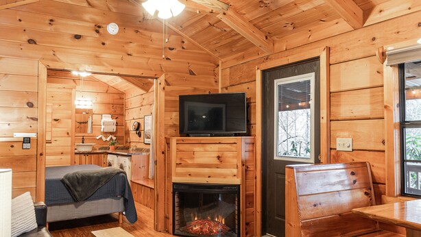 A wooden cabin interior with a fireplace, a television, a bed, and a dining area. - Wooded Couples Log Cabin w/ Hot Tub (Pet-friendly) (Hot Springs)