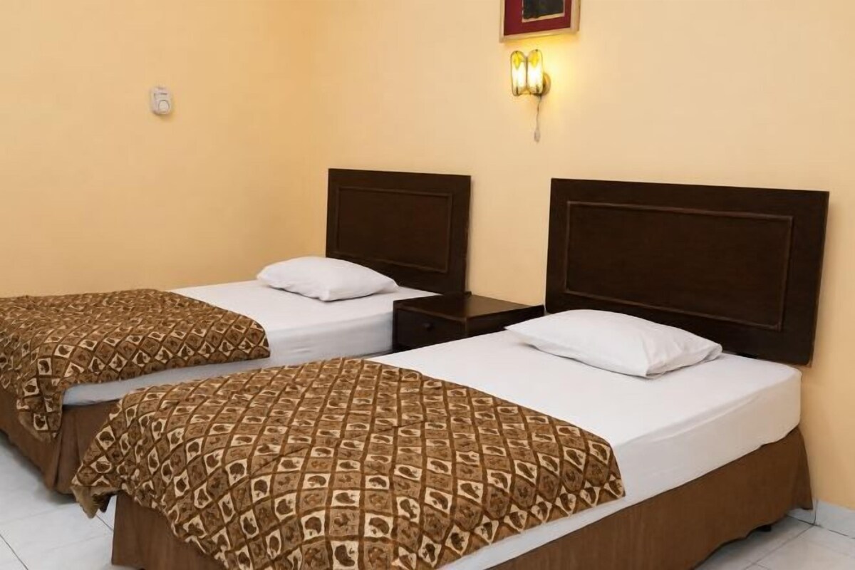 Two single beds with wooden headboards, a wall-mounted light fixture, and a small bedside table.