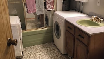Hair dryer, towels, soap, shampoo