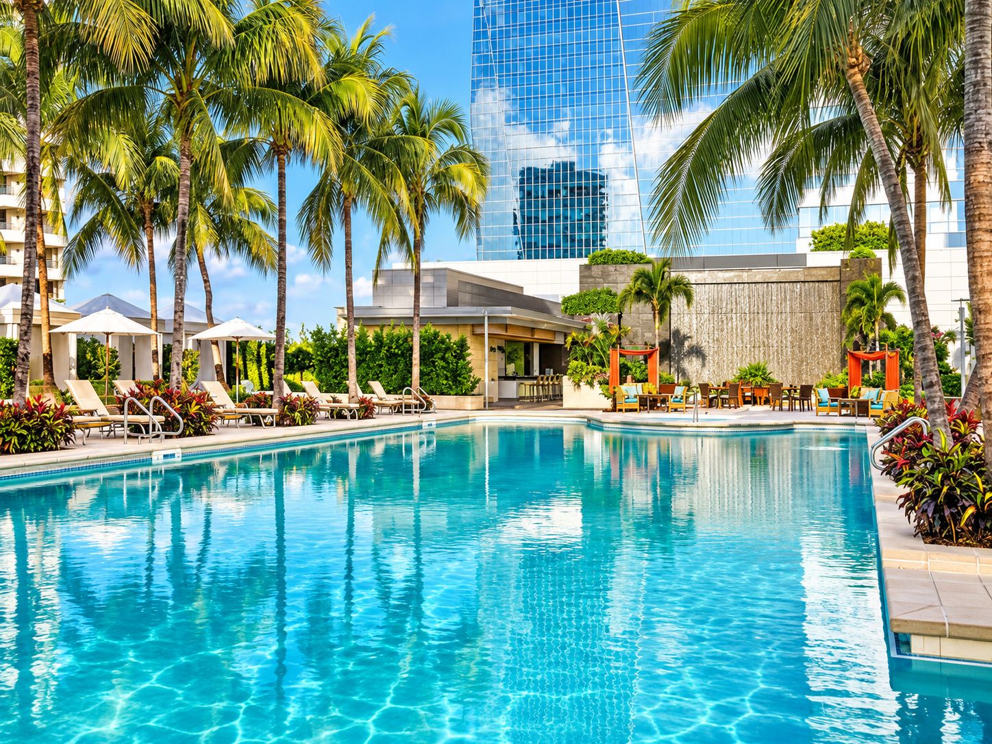 A pool area with lounge chairs and palm trees, surrounded by a modern building with a glass facade.